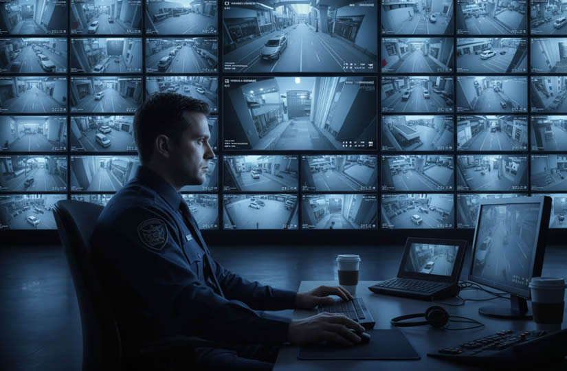 Security Mitarbeiter schaut Monitorwand