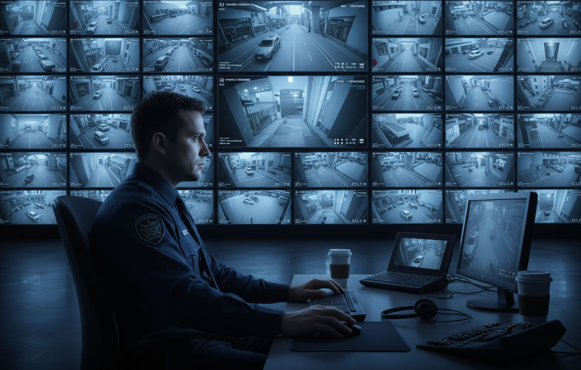 Security Mitarbeiter schaut Monitorwand